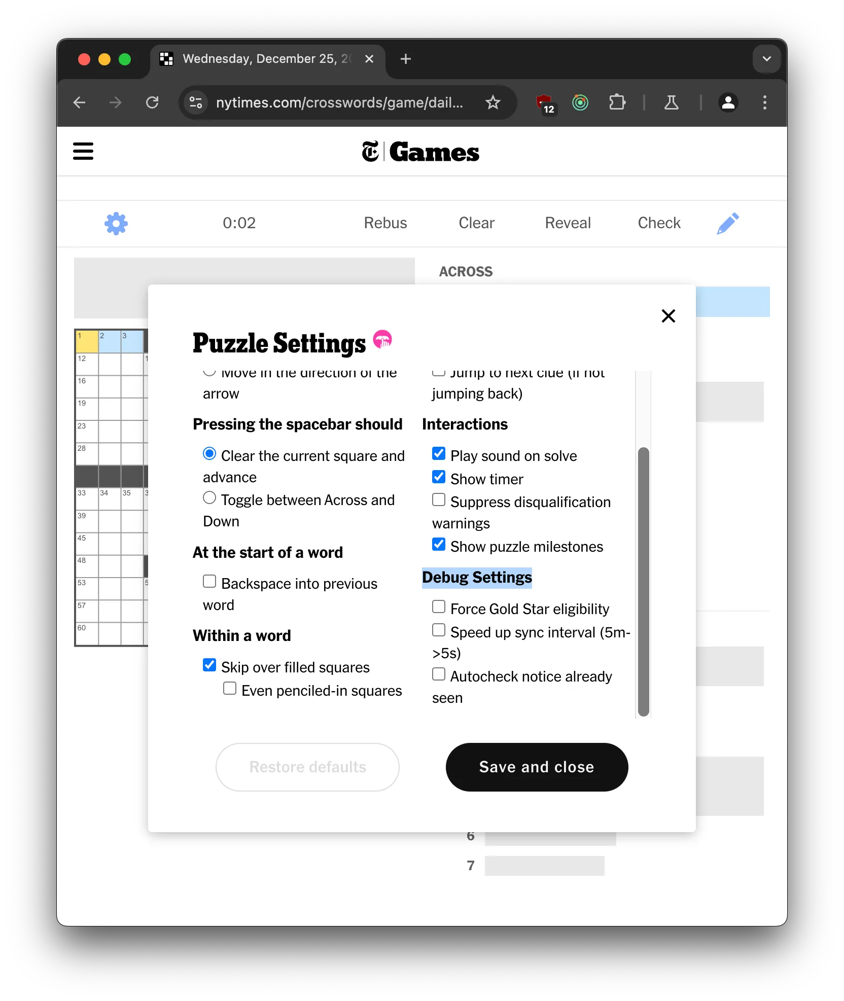 New crossword settings